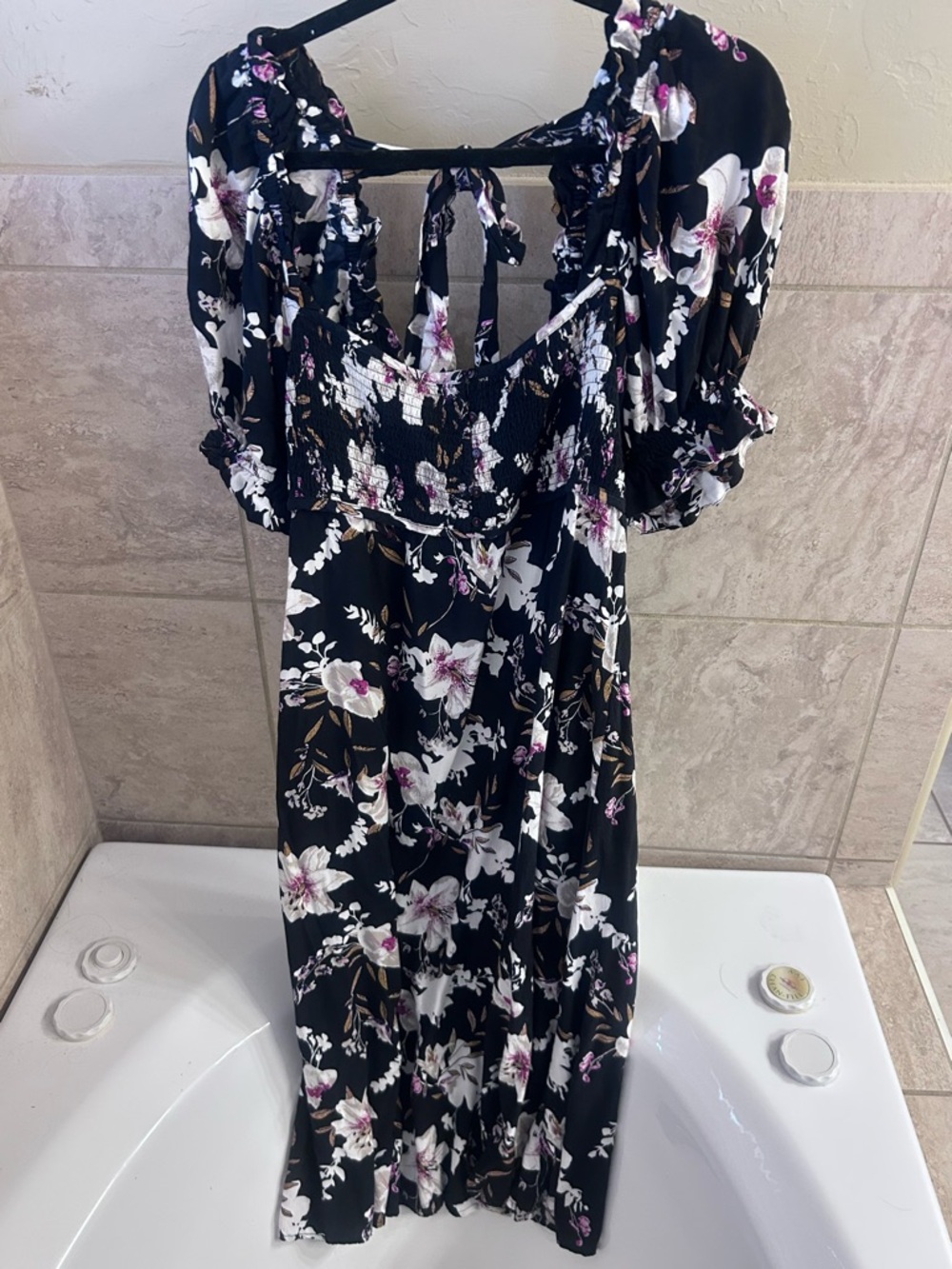 Anthropologie Black Floral Maxi Dress with Puff Sleeves